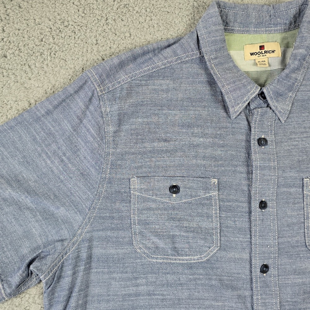 Woolrich  Shirt Mens XL Blue Chambray Casual Short Sleeve‎ Button Up Pockets - Picture 5 of 13